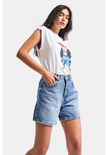 Itsbasic Kadın Mavi Renk Diana Mom Fit Midi Boy Denim Şort