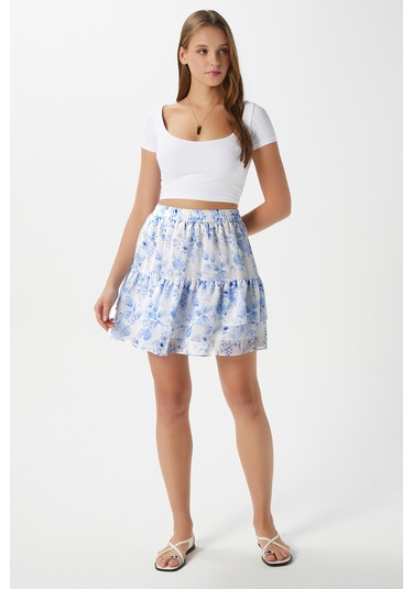 Kadın Juliet Mavi Çiçekli Astarlı Volanlı Mini Şifon Dokuma Etek