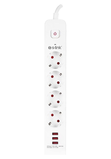 S-Link SPG403U 1.5M 750 Joule 3 USB 5V2.4A 4'lü Anahtarlı Akım Korumalı Priz