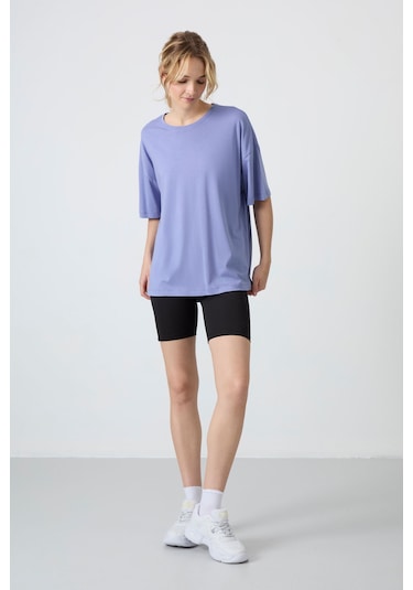 Tommy Life Açık Eflatun Penye Modal Yumuşak Tuşeli Oversize Fit Basic Kadın T-shirt- 97285 Eflatun