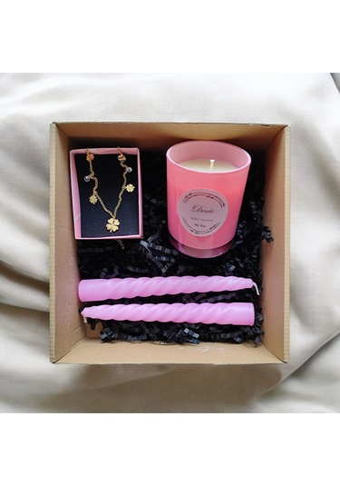 Denic Hediye Seti Kokulu Pembe Bardak Mum Yonca Kolye Burgulu Mum