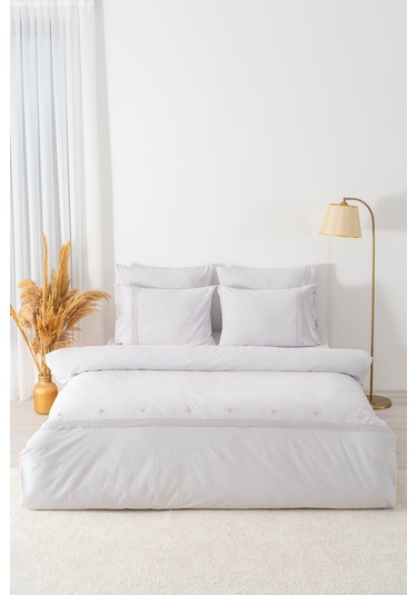 Grace Taş Güpürlü Çift Kişilik %100 Pamuklu Nevresim Seti - 6 Parça Çeyiz Seti Taş