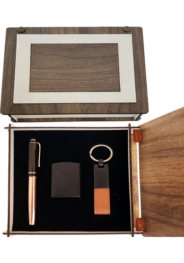 River World Çakmak, Bakır Roller Kalem Ve Anahtarlık Seti Özel Ahşap Kutulu