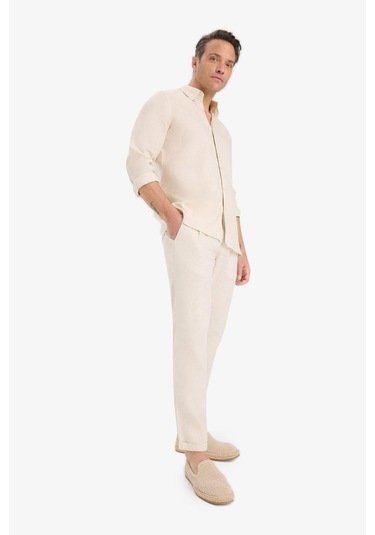 Defacto %100 Keten Normal Kesim Crop Duble Paça Yazlık Kumaş Pantolon C1826ax25smbg106 Bej