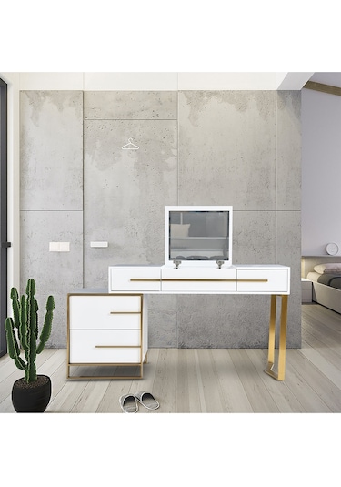 Cristina Beyaz Gold Metal Makyaj Masası