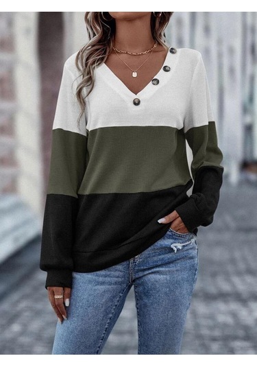 Kadın Uzun Kollu V Yakalı Düğmeli Çok Renkli Waffle Bluz Beyaz