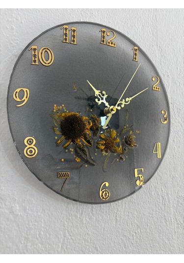 Ayçiçeği Temalı Gold Detaylı Epoksi Duvar Saati Özel Tasarım - Tek Üretim - 30 Cm Siyah