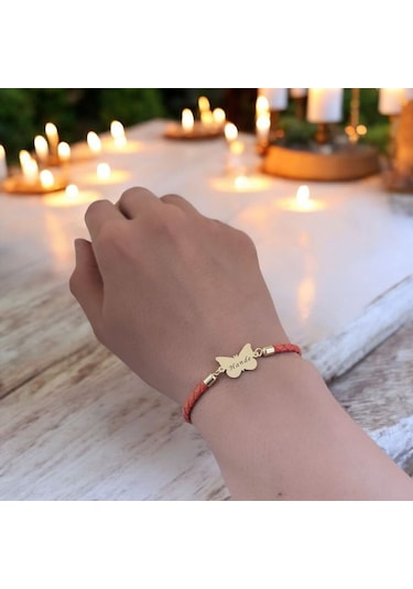 Hande İsmine Özel Turuncu Derili Kelebek Motifli 14 Ayar Altın Plakalı Hediye Bileklik-502isim Hande