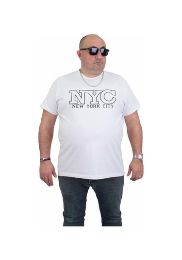 Starbattal Erkek Büyük Beden Sıfır Yaka Tişört Nyc 24133 Beyaz-Beyaz