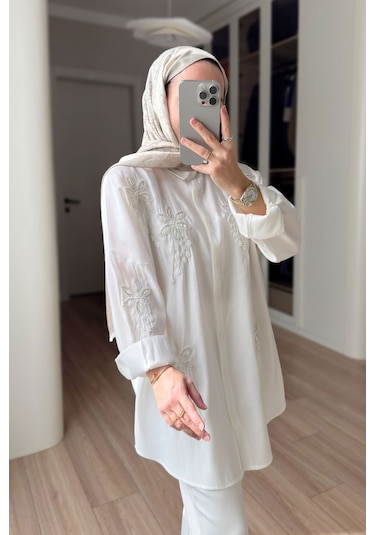 Kahijab Stella Boncuk İşlemeli Gömlek - Beyaz
