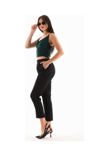 Ttl Arka Kemer Lastikli Ön Düz Yanlarda Cepli Şık Pantolon Siyah