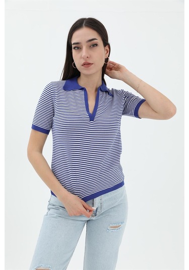 İnce Çizgili Polo Yaka Triko Kazak - Saksmavisi - Kadın