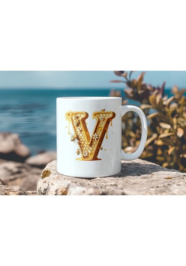 V Harfi Bal Arısı Tasarım Kupa Bardak - Bal Ve Petek Desenli Kişiye Özel Kahve Kupası - Hediyelik Beyaz