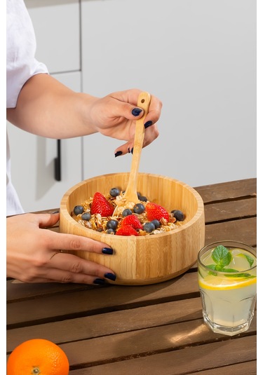 Porsima 2074 Orta Boy Doğal Bambu Salata Kasesi 18cm Bambu