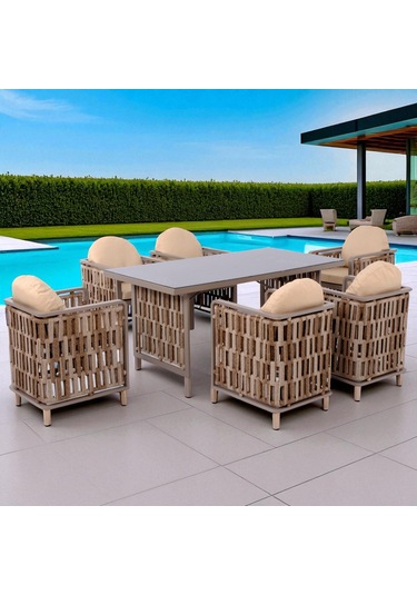 Talia Rattan Bahçe Masa Takımı 100x200 6 Kişilik Bahçe Mobilyası Gri