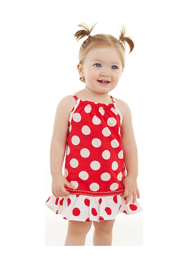 Denokids Kırmızı Puantiye Kız Bebek Poplin Elbise