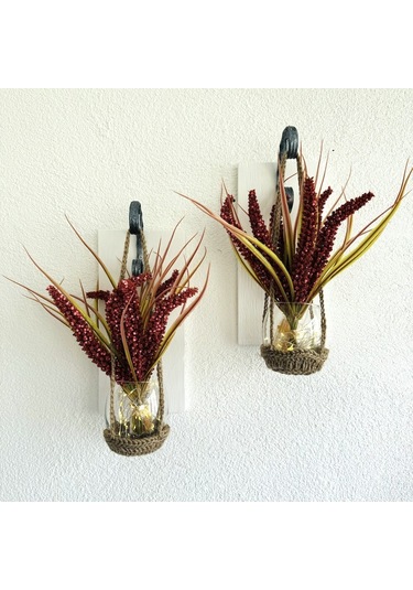 Duvar Dekoru, Led Işıklı, Kırmızı Çubuk Cipso Çiçekli, Beyaz Aplik İkili Set