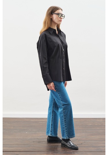 Tasarım Detaylı Oversıze Gömlek Siyah Siyah
