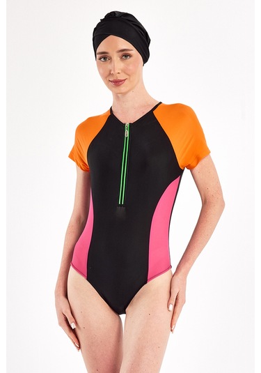 Uv Korumalı Kısa Kollu 3 Farklı Şekilde Giyilebilir Likralı Yarı Kapalı Mayo 1610 Siyah02 Siyah02