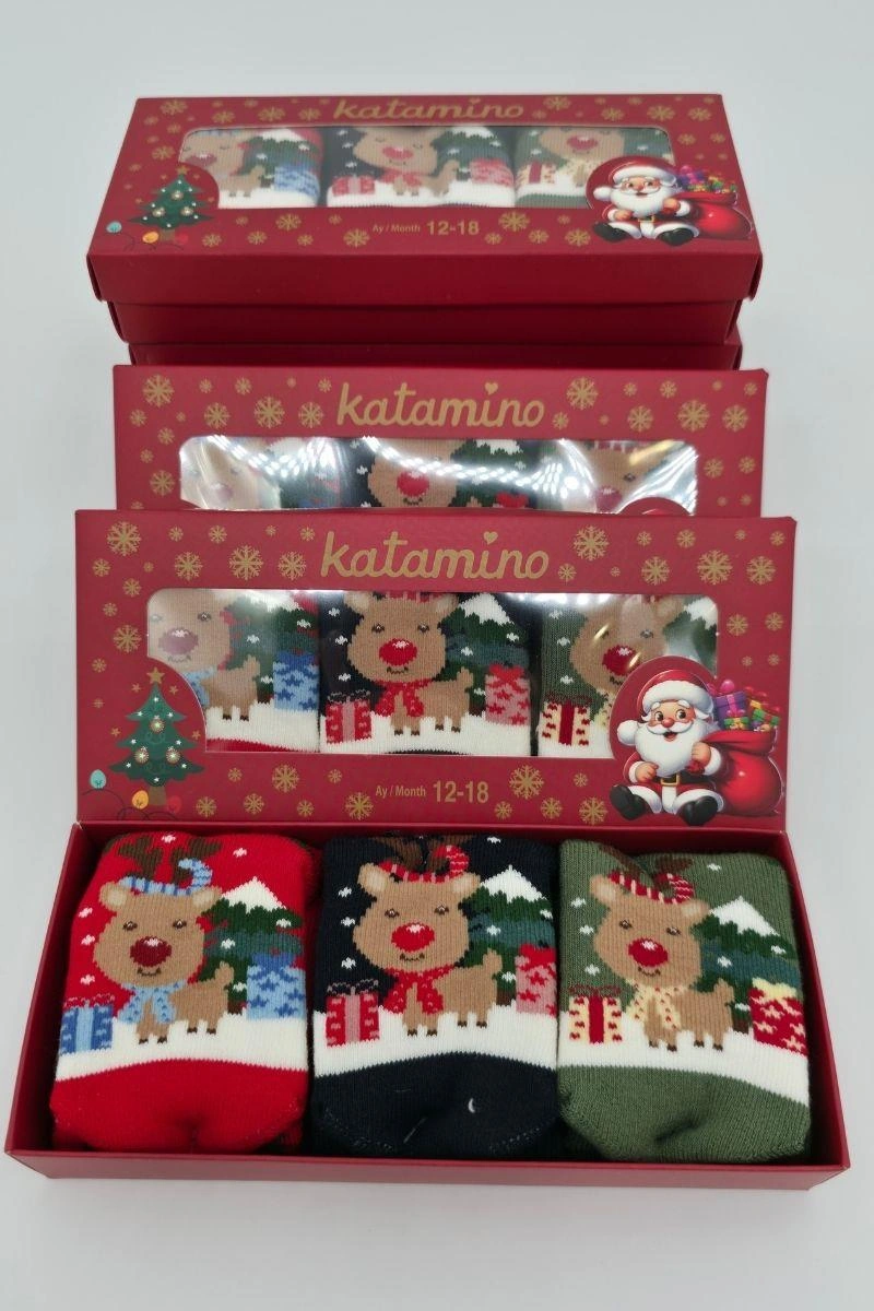 Katamino 3 Çift Unisex Kutulu Yılbaşı Hediyelik Yeni Yıl Temalı Çocuk Soket Havlu Çorap