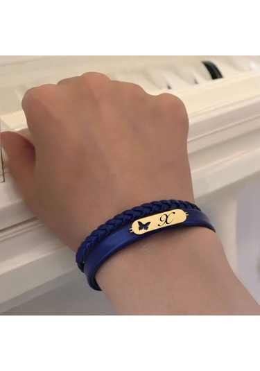 Archin X Harfine Özel Lacivert Derili Kelebek Motifli 14 Ayar Altın Plakalı Hediye Bileklik-616harf X