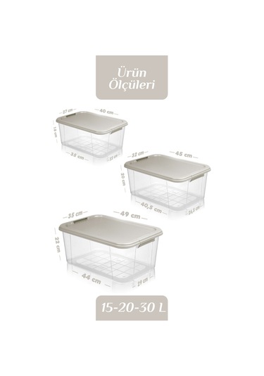3'lü 15-20-30 L Çok Amaçlı Saklama Kabı Seti - Kilitli Kapak Banyo Mutfak Düzenleyici Saklama Kutusu Bej