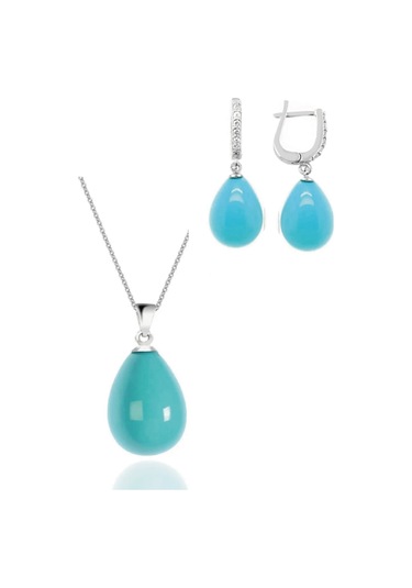 Gümüş Damla Model Kolye Küpe Turkuaz Taşlı Set