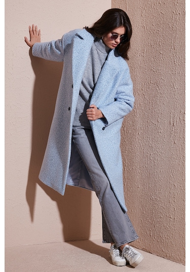 Lela Oversize Fit Mono Yaka Düğmeli Buklet Uzun Kaşe Bayan Kaban 6810236 Bebe Mavi