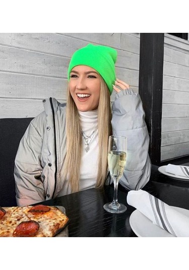 Unisex Kışlık Neon Yeşil Katlamalı Bere Neon Yeşil