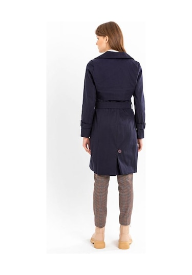 Pastelastore %100 Pamuk Gabardin Midi 95cm Astarlı Kemerli Kadın Trençkot 1113 Lacivert
