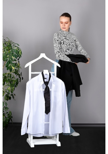 İki Tepeli Dilsiz Uşak Beyaz Masif Ahşap Palto Ceket Cüppe Ofis Beyaz