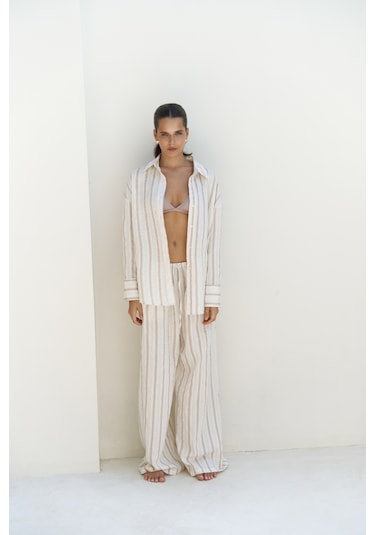 Priskiana Bağcıklı Vizon Pantolon Gömlek Takım Vizon