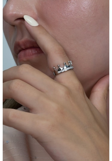 Gümüş Kral Kraliçe Tacı Sevgili Çift Yüzükleri + Tektaş Al43