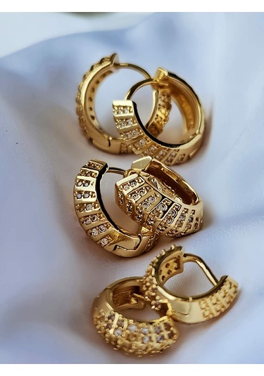 6'lı Oval Minimalist Hoop Zirkon Taşlı Altın Kaplama Gold Renk Küpe Seti Altın