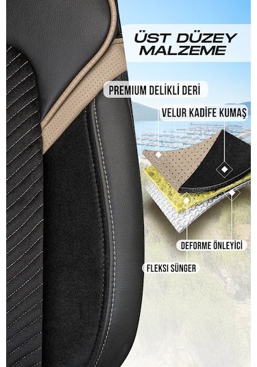Siyah - Bej Garni Panda Monte Carlo Serisi Velor Kadife Kumaş Oto Koltuk Kılıfı - Tam Set