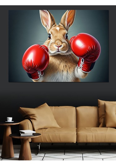 Kırmızı Boks Eldivenli Tavşan İllüstrasyonu Dekoratif Kanvas - Mdf Ahşap Tablo