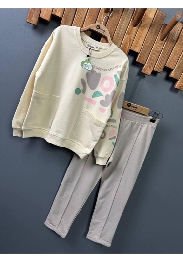 Kız Çocuk Kalp Baskılı 2'li Takım. Pamuklu Mükemmel Kalite Bej