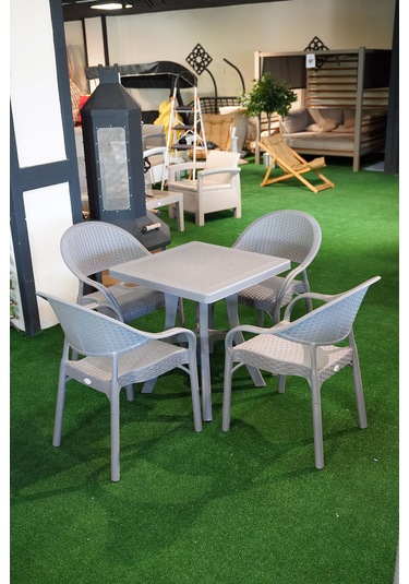 Alezy Bambu Balkon Bahçe Masa Takımı 4 Kişilik 70x70 Masa 4 Adet Bambu Koltuk Gri