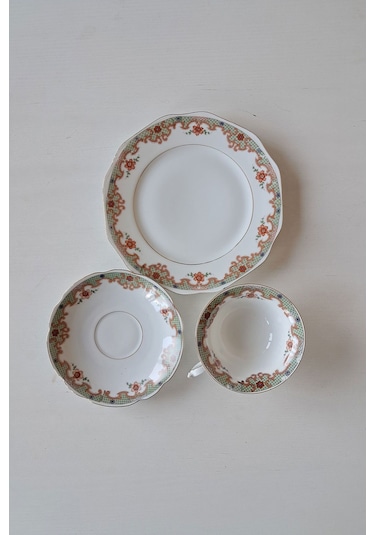 Sütlü Kahve Rengi Antika Çay Fincanı Seti 3 Parça Sütlükahve