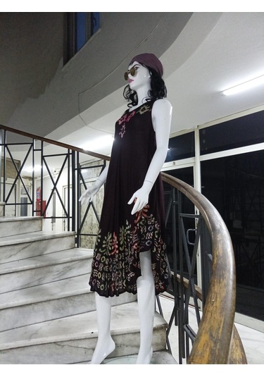 Sıfır Kol Yuvarlak Yaka Batik Desenli Elbise-9701 Yeşil