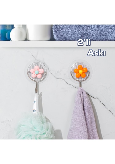 Porsima 084 2 Adet Papatya Desenli Yapışkanlı Banyo Mutfak Askısı Çok Renkli