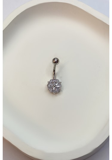 Kadın Altıgen Taş Model Çelik Piercing Gümüş