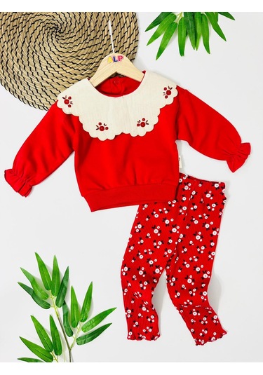 Çiçek Nakış Yakalı Fitilli Tayt Mevsimlik 2 Parça Set Kırmızı