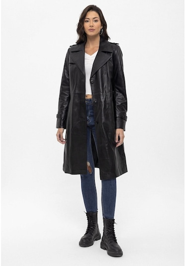 Siyah Cassie Yırtmaçlı Astarlı Kemerli Trençkot Kadın Hakiki Deri Kaban-siyah Siyah