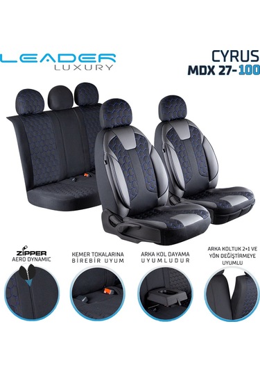 Peugeot 306 Uyumlu Deri Detaylı Oto Koltuk Kılıfı Ön Arka Takım Cyrus Siyah Mavi