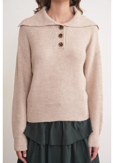 6900 Kadın Düğmeli Devrik Yaka Triko Kazak Bej Bej