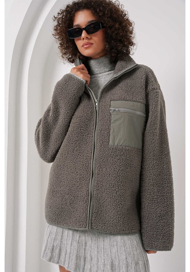 Gabria Fermuarlı Tek Cep Hırka Gri