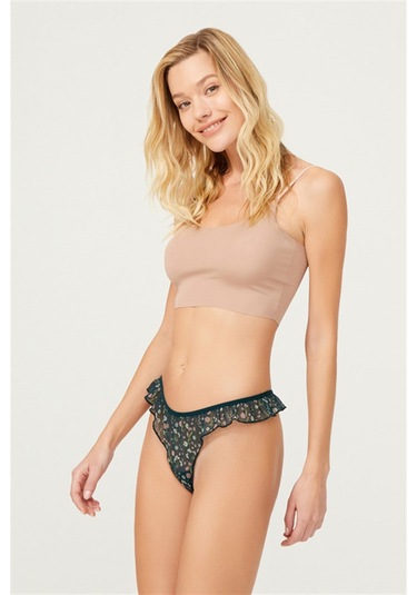 Tenan Yeşili Çiçek Desenli Tül Kenarları Fırfırlı Tanga Külot T.Yeşili