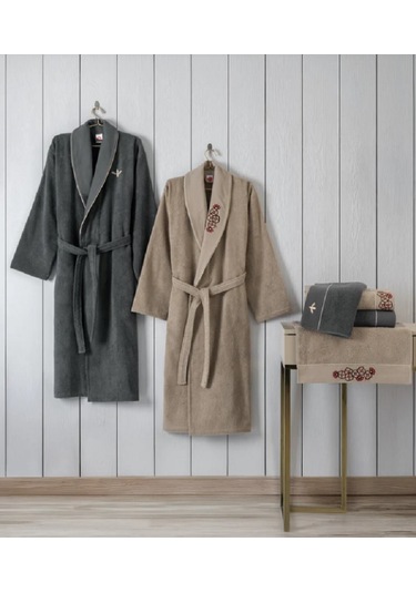 Cottonbox Folk Art Aile Bornoz Seti Yamka Bej-antrasit Çok Renkli