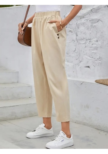 Munn Collection Kadın Yüksek Bel Yandan Cepli Düğme Detaylı Geniş Kesim Ithal Krep Pantolon Bej